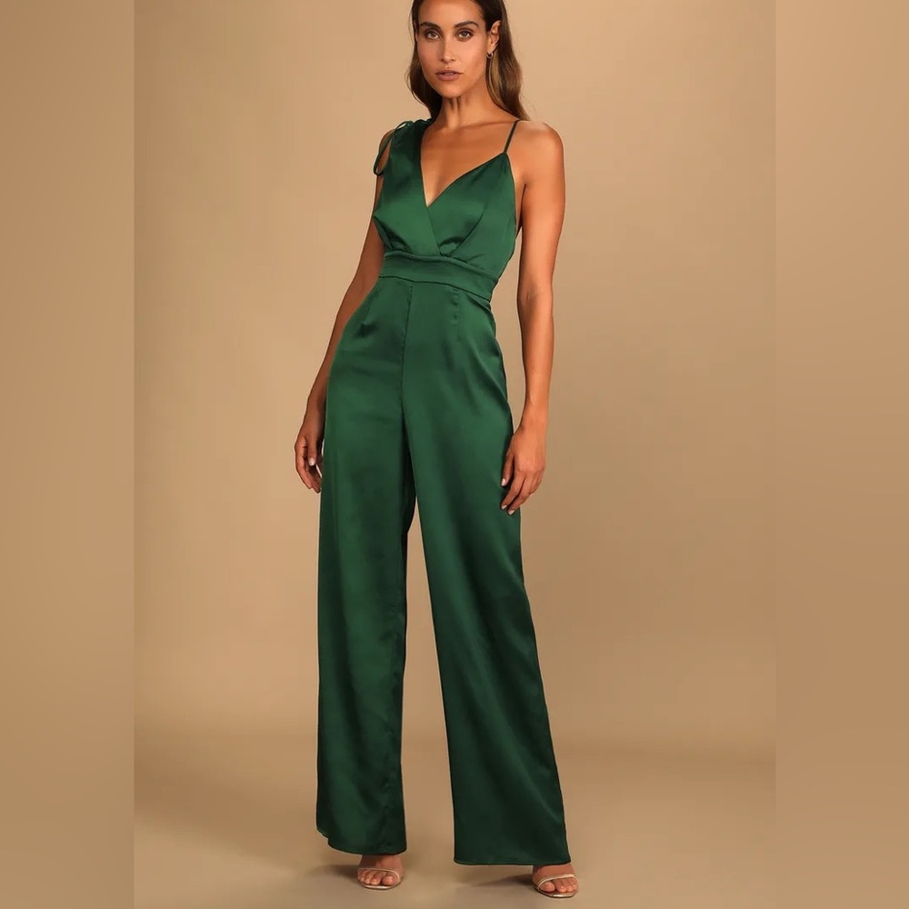 LuLus Emerald Green Satin Asymmetrical Wide-Leg Jumpsuit